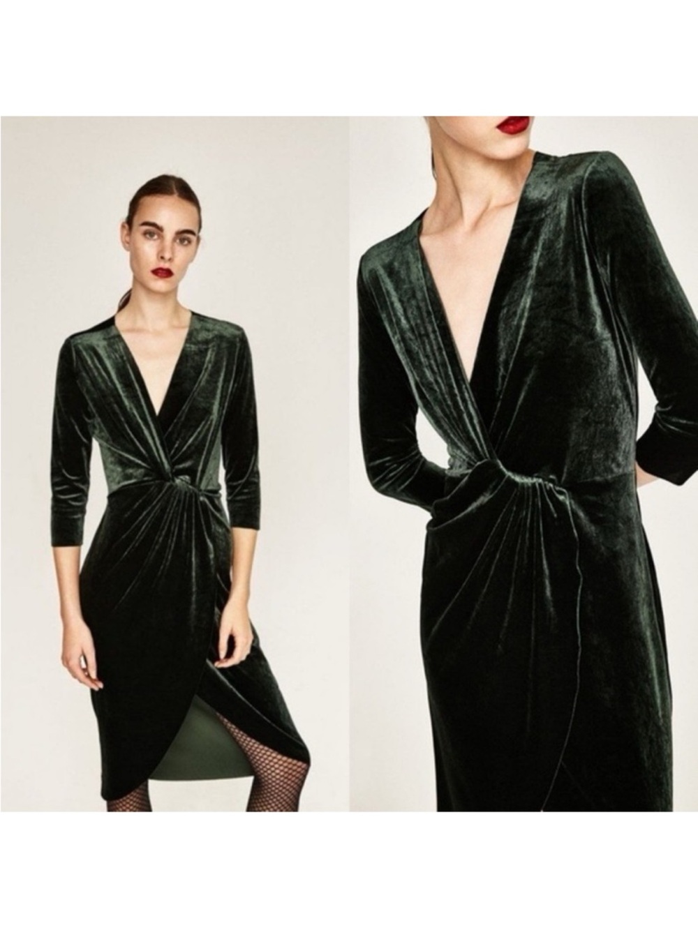 ZARA | Dark Green Velvet Knotted midi slit Dress